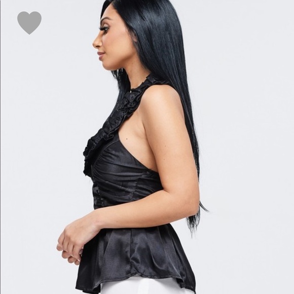 Black Shiny Satin Ruffle Halter Top Stretchy Shirt - Picture 2 of 4